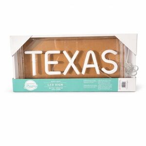"TEXAS" White LED Sign on Brown Backing